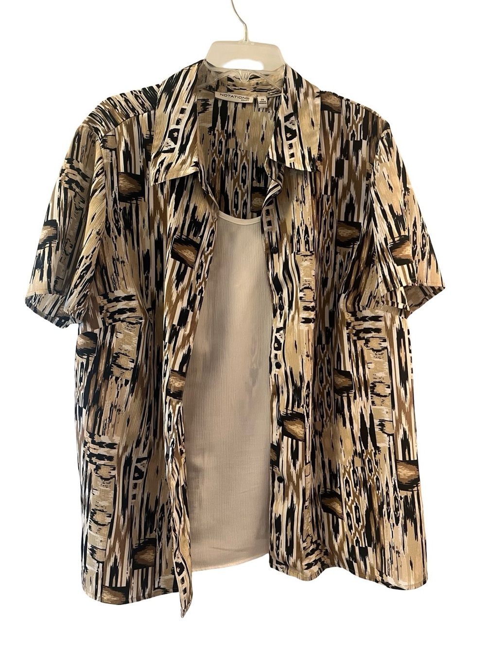 Notations Beige, Black & Tan Abstract Short-Sleeve Button Front Top
